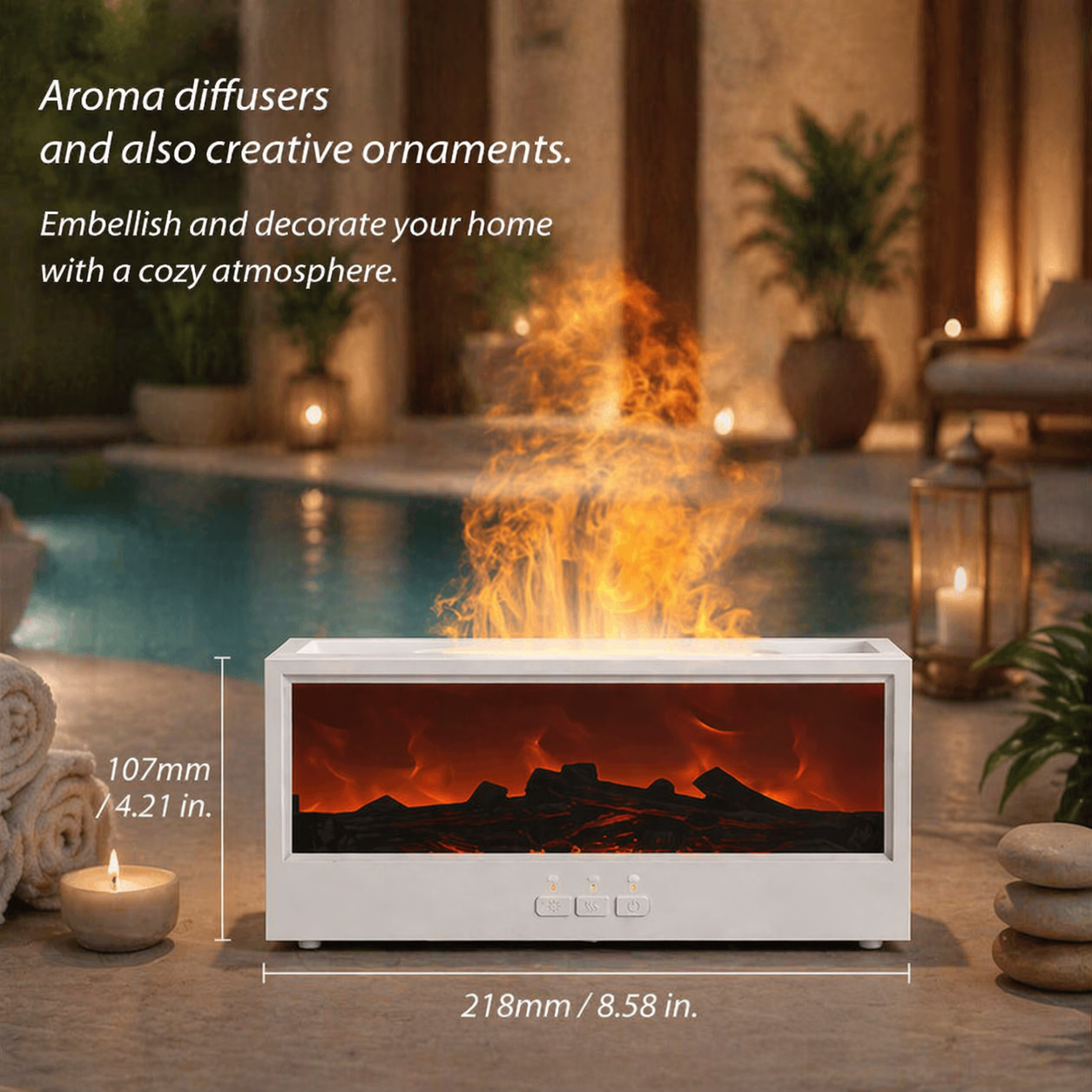 MOODYLE White Fireplace Diffuser – LED Flame Aroma Humidifier with Remote Control