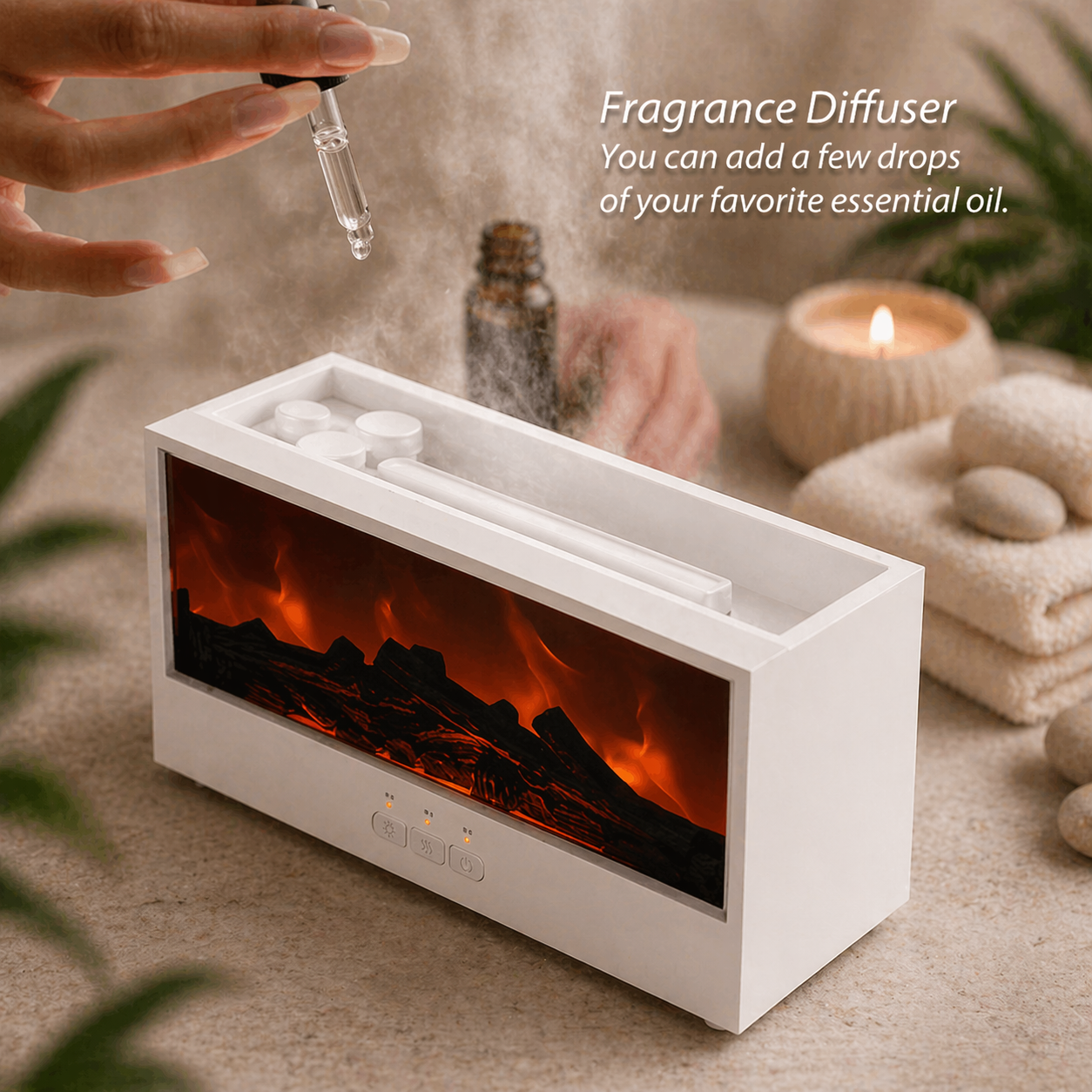 MOODYLE White Fireplace Diffuser – LED Flame Aroma Humidifier with Remote Control