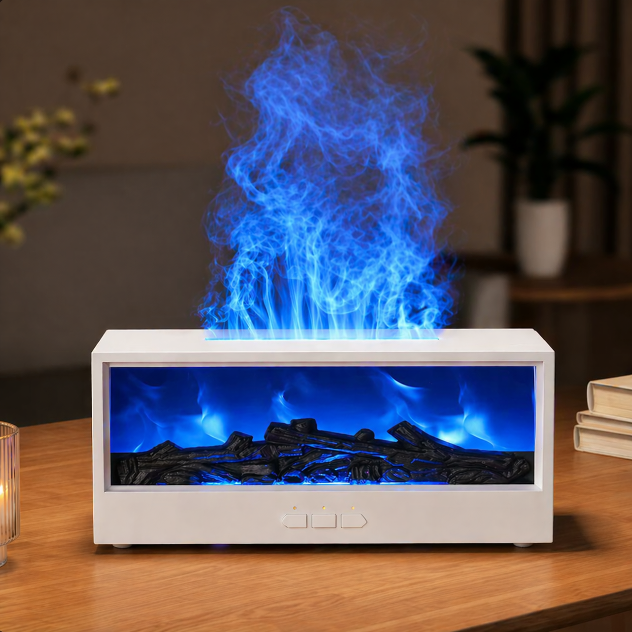 MOODYLE White Fireplace Diffuser – LED Flame Aroma Humidifier with Remote Control