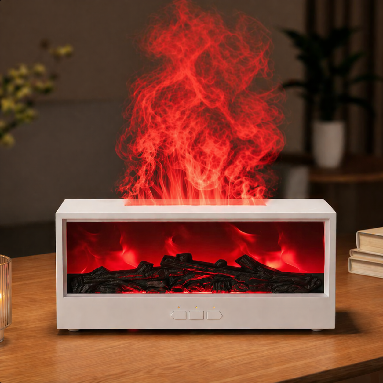 MOODYLE White Fireplace Diffuser – LED Flame Aroma Humidifier with Remote Control