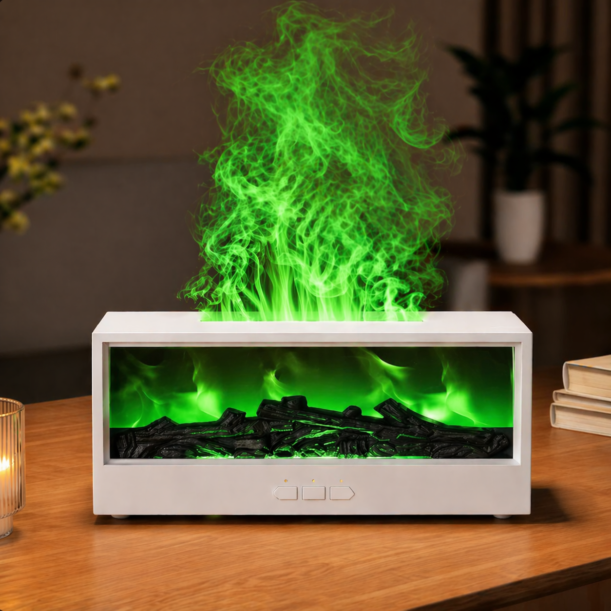 MOODYLE White Fireplace Diffuser – LED Flame Aroma Humidifier with Remote Control