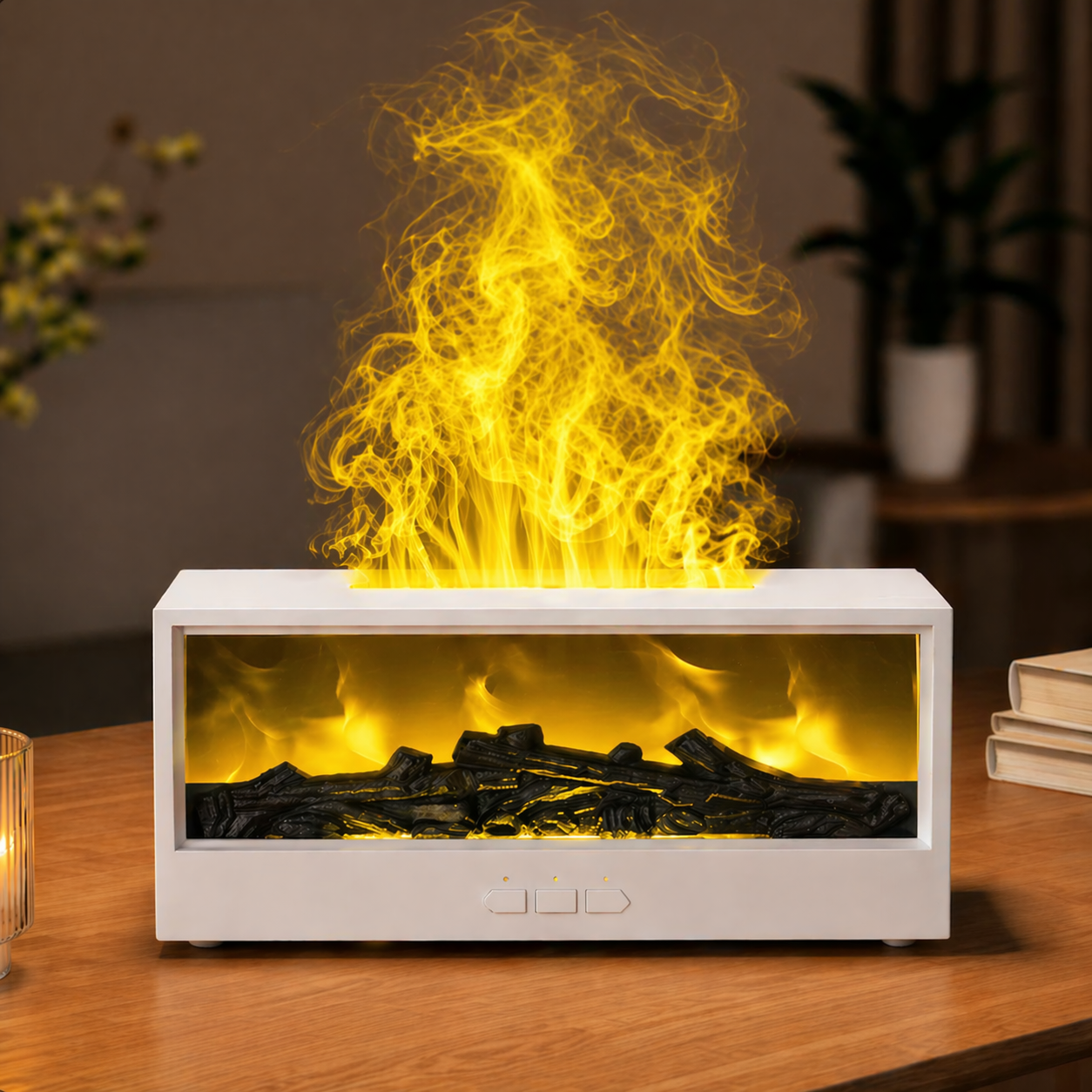 MOODYLE White Fireplace Diffuser – LED Flame Aroma Humidifier with Remote Control
